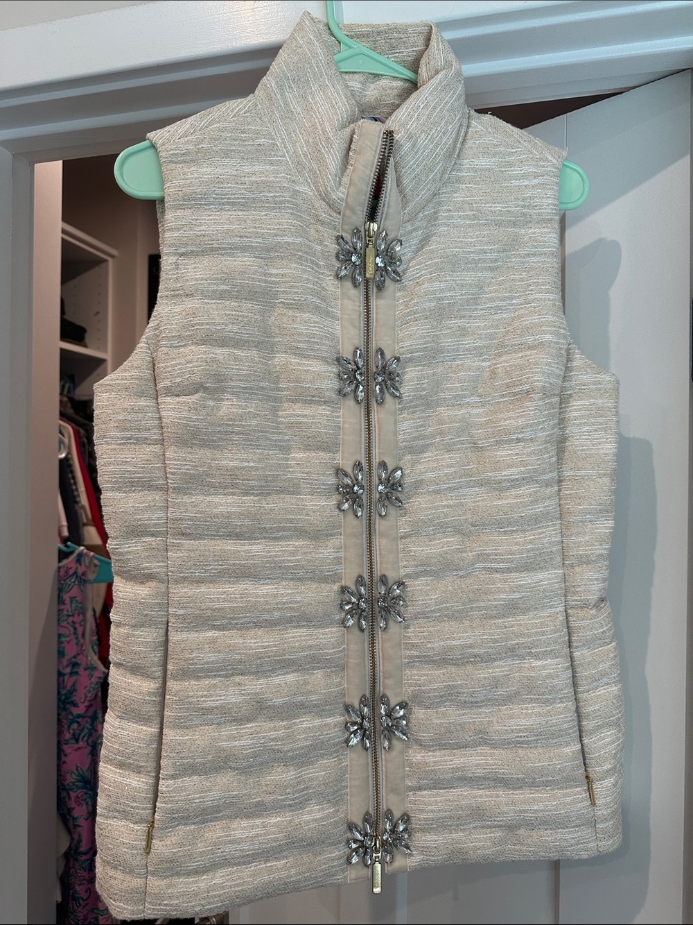 Women's Cream Quilted Vest with Crystal Zip Accents